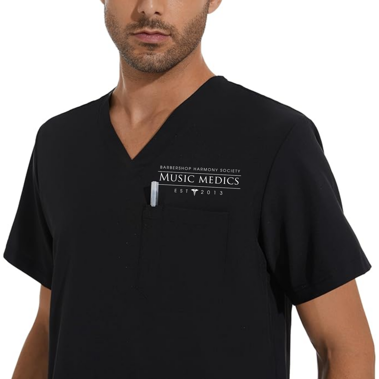 Music Medics - Printed COZYFIT Men Scrubs Set — Stretch V-Neck Scrub Top & Jogger Pant with 8 Pockets, Yoga Waistband, Anti-Wrinkle Scrubs for Men