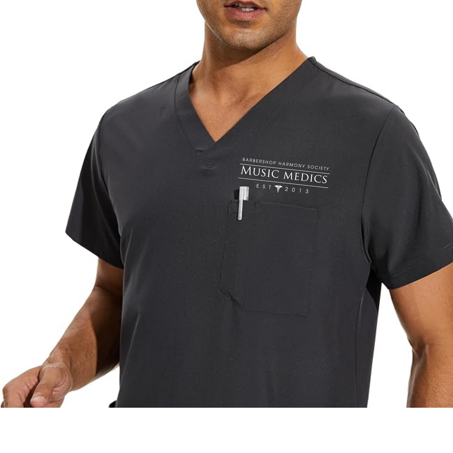 Music Medics - Printed COZYFIT Men Scrubs Set — Stretch V-Neck Scrub Top & Jogger Pant with 8 Pockets, Yoga Waistband, Anti-Wrinkle Scrubs for Men