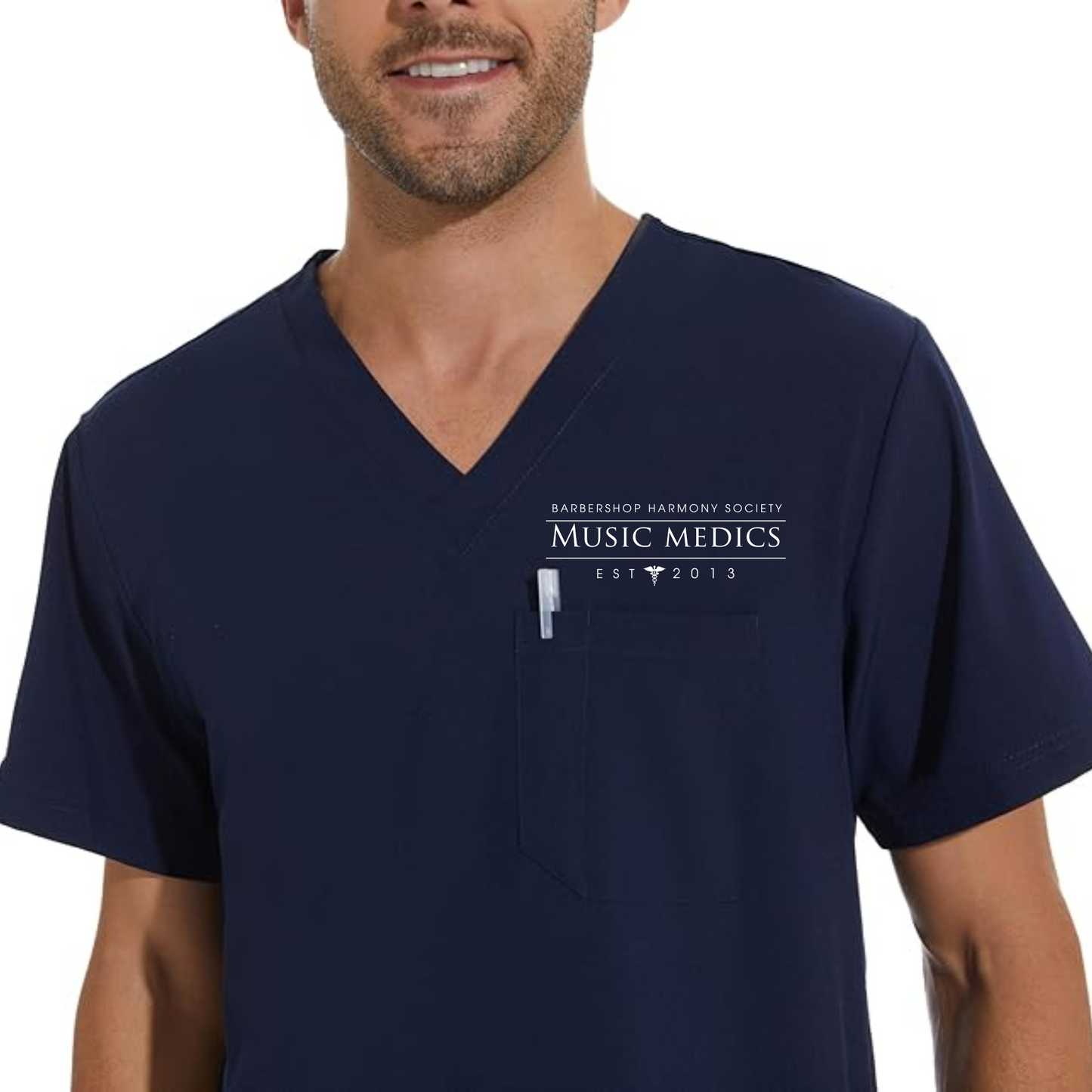 Music Medics - Printed COZYFIT Men Scrubs Set — Stretch V-Neck Scrub Top & Jogger Pant with 8 Pockets, Yoga Waistband, Anti-Wrinkle Scrubs for Men