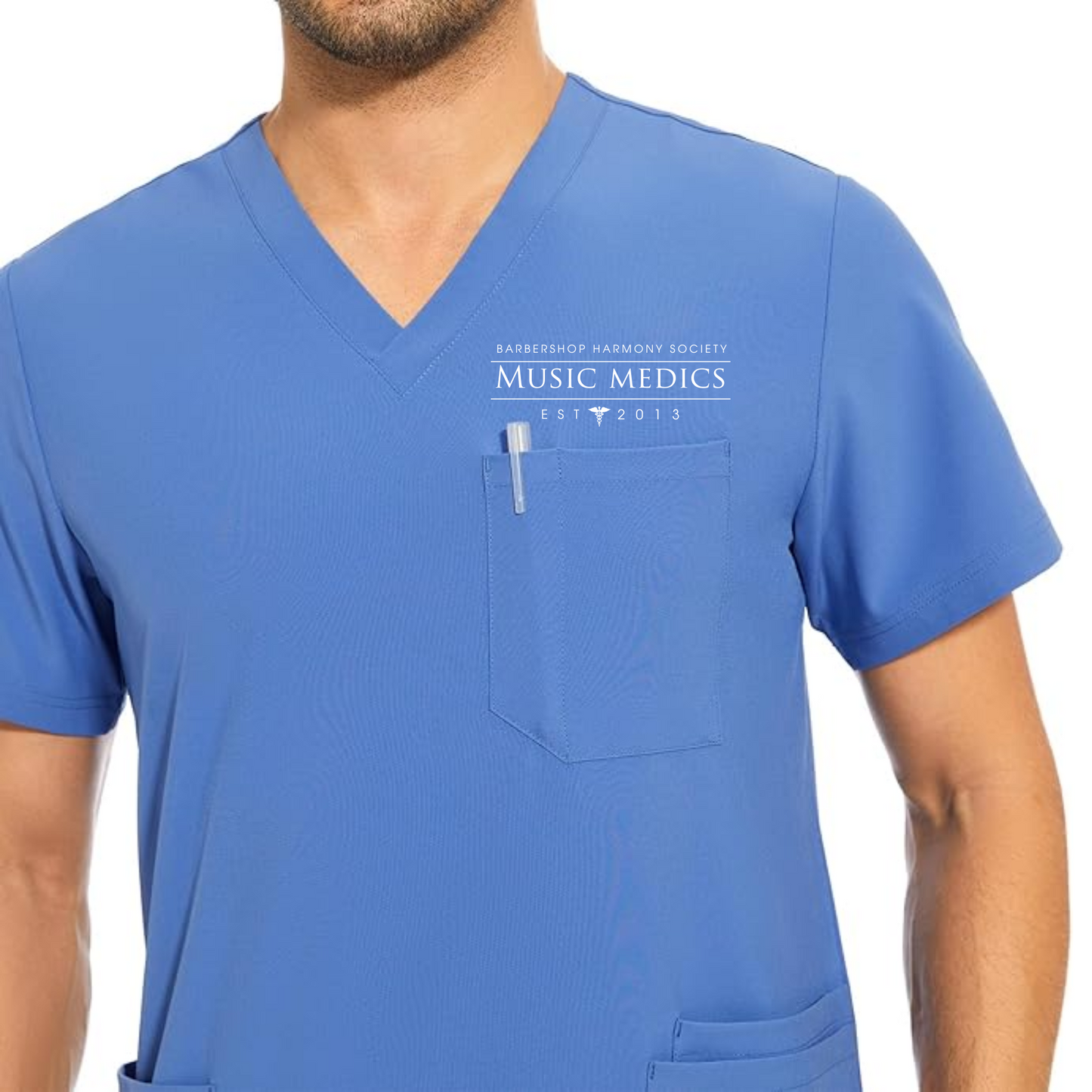 Music Medics - Printed COZYFIT Men Scrubs Set — Stretch V-Neck Scrub Top & Jogger Pant with 8 Pockets, Yoga Waistband, Anti-Wrinkle Scrubs for Men